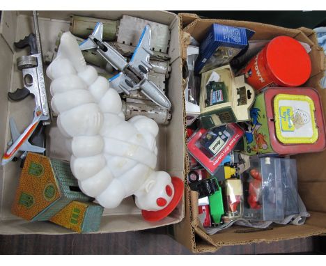 Douglas DC-8 Tinplate Plane, Matchbox plane, Michelin Man plastic vehicle light shade, J. Chein tinplate money box as a churc