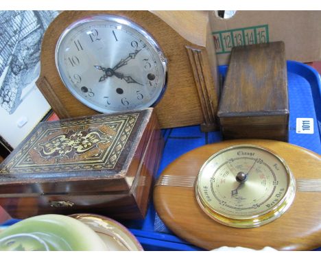Enfield Oak Cased Westminster Chime Mantle Clock, 'SB' barometer, sewing box, oak box:- One Tray