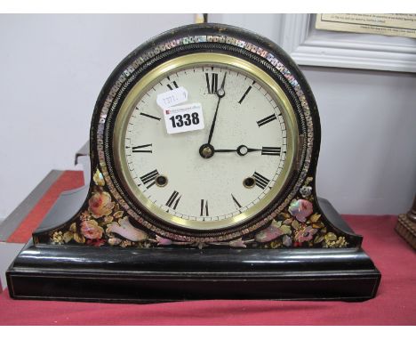 XIX Century Ebonised Dome Cased Mantle Clock, with mother or pearl and painted decoration, eight day movement, black Roman nu