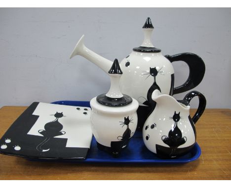 Aotea NZ Pottery Three Piece Tea Service, comprising teapot, sugar and cream and tray, all in monochrome featuring cat and pa