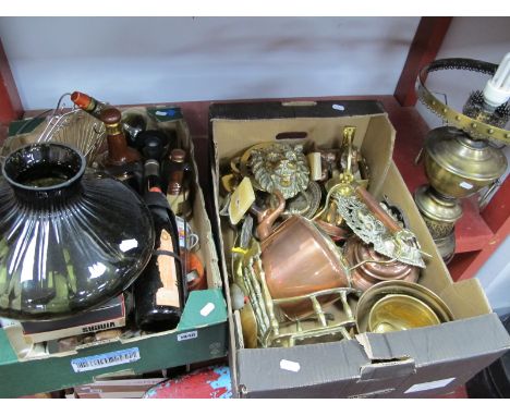 Brass and Copper Kettle, brass bell, brass lion mask door knocker, Wade Whiskey bells, pottery etc:- Two Boxes and a table la