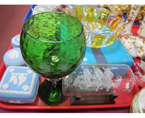 Royal Crown Derby 'Sitting Kitten' Paperweight, gold stopper, Wedgwood Jasperware trinket pots, Nachtman facet cut bowl, glas