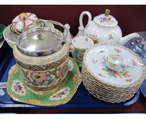 Nine Dresden Porcelain Plates, handpainted with flowers, scalloped gilt rims, a Royal Worcester 'Roanoke' pattern teapot, Roy