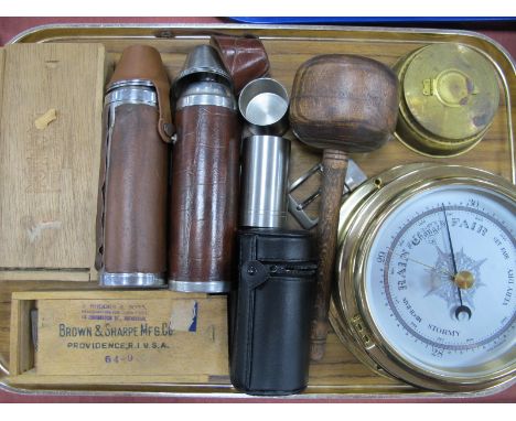 German Ships Compass, Woods of Birmingham ashtray, flasks, Moore &amp; Wright micrometer, another by Brown and Sharpe, etc:- 