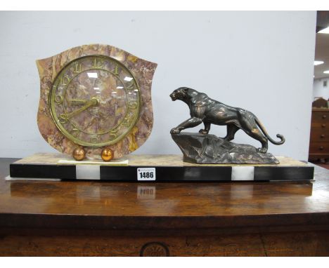 Art Deco Mantel Clock, with marble base and shield back to brass chapter ring, aside oxidized copper big cat, 54.5cm wide.