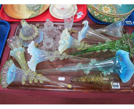 Vaseline Tinted Glass Epergne Flutes, in yellow, turquoise, etc:- One Tray
