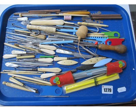 Manicure and Needlework Implements, in mother of pearl, bone, to include button hook, knitting needles, crochet implements:- 
