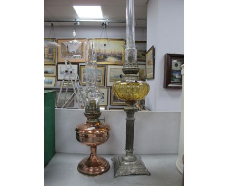 Copper Oil Lamp, French white metal Corinthian column example having amber glass well. (2)