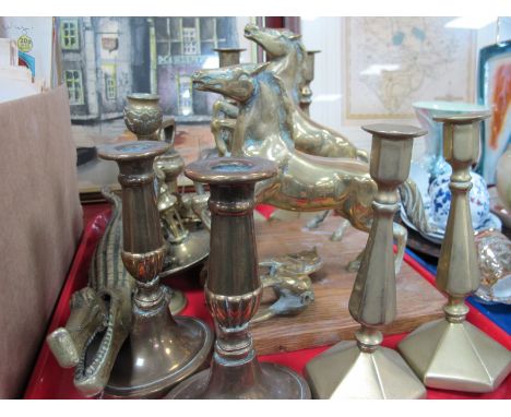 Brass Candlesticks, horse ornaments, alligator nut cracker, 4lb weight, etc:- One Tray