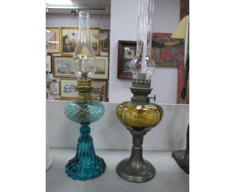 Turquoise Twist Glass Oil Lamp, 'KB' French pewter example having amber glass well. (2)