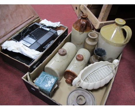 Stoneware Flagons and Foot Warmers:- One Box and Hanimex Projector.