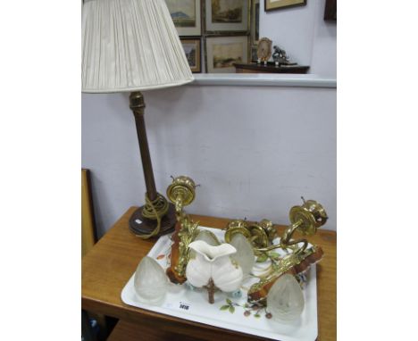 Pair of Brass Twin Branch Wall Lights, table lamp in copper and brass, twin bulbous posy vase.