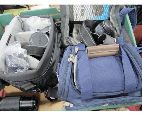 Canon EOS Cameras (3) with Sigma zoom lens, 58mm lenses, Marexar-CX zoom lens, etc. in three carry cases