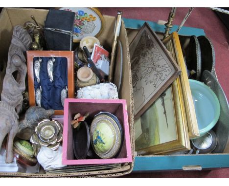 Glass Light Shades, carved wooden mask, pewter ware, etc:- Two Boxes