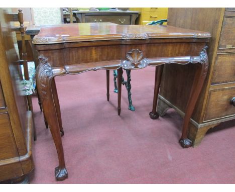 Mahogany Fold-Over Card Table, with baize interior, shaped front, acanthus leaf carved knees, cabriole legs terminating in ba