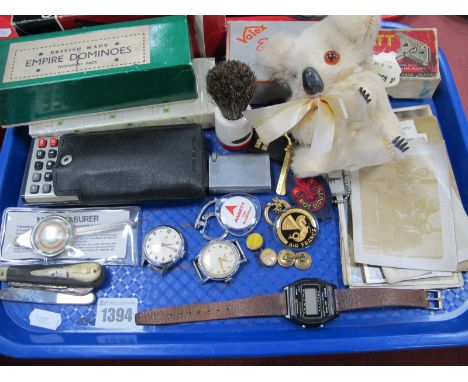 Empire Dominoes, Ingersoll and Kelton watches, Casio digital watch, old photos, horn handled penknife, advertising keyrings, 