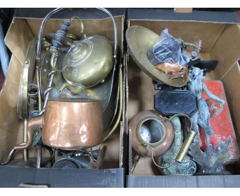 Spelter Figure, scales and weights, copper kettle, brassware, etc:- Two Boxes