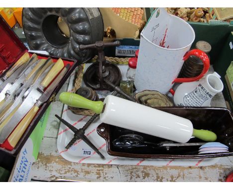 A Galvanized Jelly Mould, nut brown rolling pin (cracked) horn handled knives, press etc:- One Tray