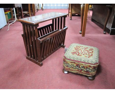 Tapestry Covered Stool, on bun feet; hardwood magazine rack having brass inlay to top. (2)