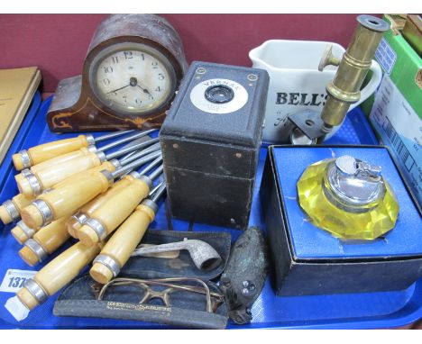 Edwardian Inlaid Mahogany Cased Mantle Clock, Bell's water jug, students microscope, Binalite crystal lighter, chisels, etc:-