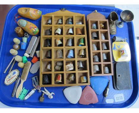 Thimbles in Abelone, Enamel, White Metal, Ivorine, etc; needle holders including '925', etc:- One Tray
