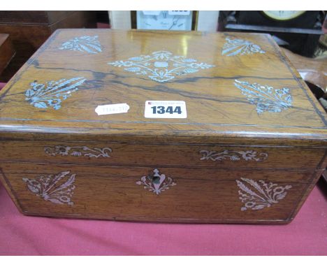 XIX Century Rosewood Needlework Box, with mother of pearl inlay to top and fascia, 28cm wide.