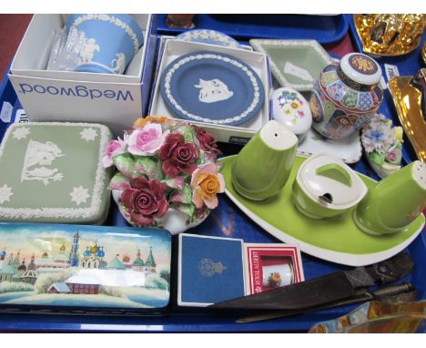 Wedgwood Jasperware Trinket Pots, Lacquer box with Russian style decoration, Carlton ware condiments, thimbles etc:- One Tray