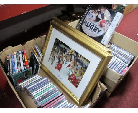 C.D.'s, D.V.D.'s, Rugby Union prints, etc:- Two Boxes
