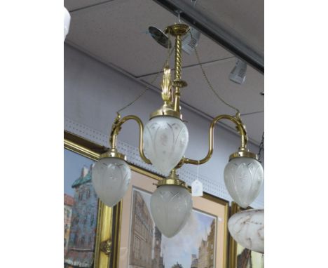 Brass Three Branch Ceiling Light, with acanthus leaf supports to ovoid frosted glass shades.