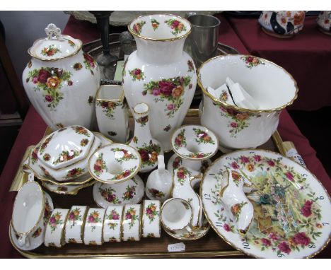 Royal Albert 'Old Country Roses' Vases, jardiniere, candlestick, napkin rings, trinkets and a similar wall clock and Elizabet