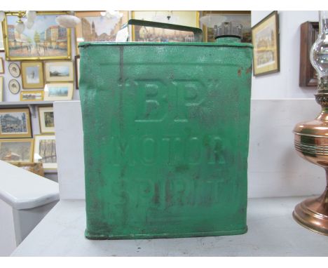 BP Motor Spirit Petrol Can, painted in green, having Shell Mex screw cap, 32cm overall high.