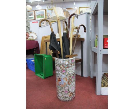 A Quantity of Walking Canes, umbrellas, drawing squares, in pottery stick stand.