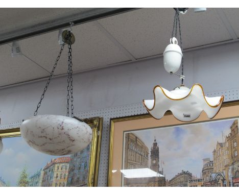 Hexagonal Opaque Wavy Glass Ceiling Light, with amber rim and pulley mechanism; a 1930's mottled glass ceiling light. (2)