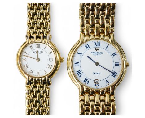 A gentleman's modern gold plated Raymond Weil Fidelio quartz wrist watch, with box, together with a similar lady's gold plate