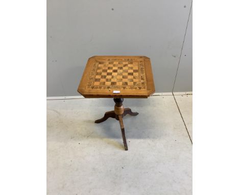 A 19th century parquetry inlaid walnut tripod games table, width 49cm, height 62cm. Condition - fair
