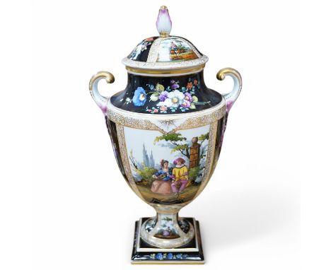 A 19th century Helena Wolfsohn decorated for Dresden pedestal two handled urn and cover. 39cm high. Condition - some gilding 