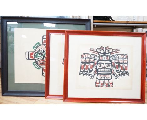 Tony Hunt (Canadian 1942-2017), three screenprints, Aboriginal designs, each signed, 39 x 50cm. Condition - fair, two unframe