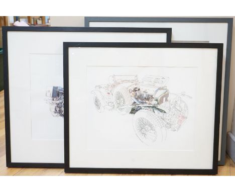 Peter Hutton (Contemporary), three watercolours, ‘Brough Superior SS100’, ‘Bentley’ and ‘Maserati 16 cylinder’ each inscribed