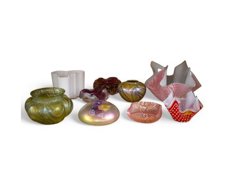 A collection of modern and art glass including Glasshouse and Pilkingtons, and two handkerchief vases, tallest 18cm tall. Con