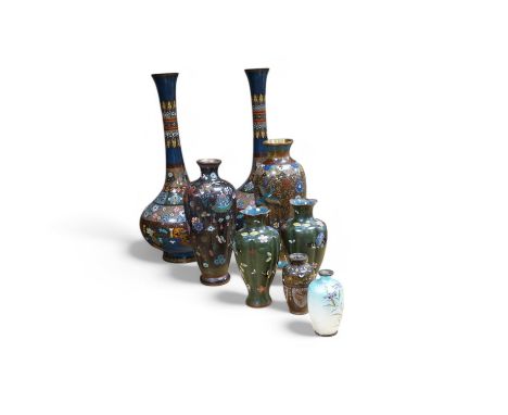 Eight Japanese cloisonné enamel vases, Meiji/Taisho period. Tallest 37cm. Condition - varies