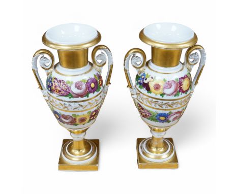 A pair of 19th century Paris porcelain gilt and portrait and floral decorated two handled vases, depicting ‘Leda and the Swan