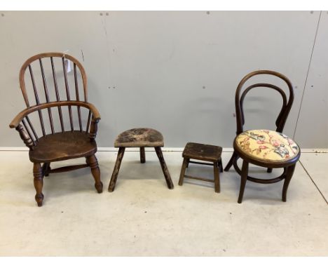 A Victorian ash, elm and beech Windsor comb back child's chair, height 72cm, together with a two provincial stools and a bent