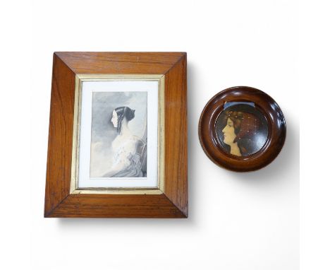 Mid 19th century watercolour, Portrait of Caroline Louisa Foster, inscribed and dated 1842 verso together with a pre-raphaeli