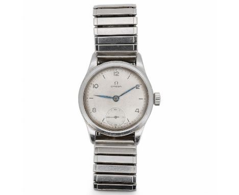 A gentleman's late 1930's stainless steel Omega manual wind wrist watch, with baton and Arabic numerals and subsidiary second