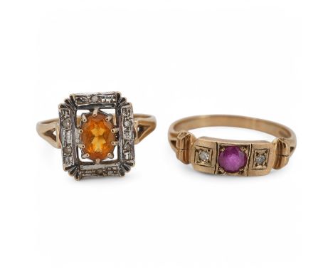 Two modern 9ct gold and gem set rings, including a ruby and diamond three stone, gross weight 6.5 grams. Condition - fair