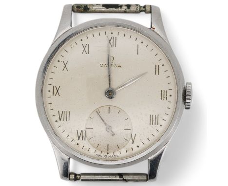 A gentleman's 1940's stainless steel Omega manual wind wrist watch, with Roman dial and subsidiary seconds, movement c. 30T2,