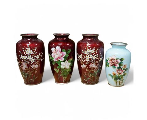 Four Japanese cloisonné enamel vases, mid 20th century, three red ground, one by Ando Jubei, tallest 18cm. Condition - fair t