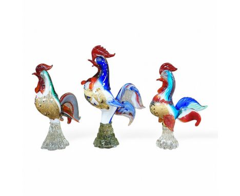 Three Murano glass cockerels, largest 31cm high. Condition - good