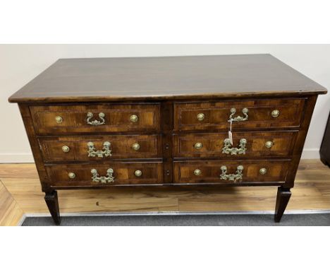 A large 18th century and later North Italian inlaid walnut commode, width 155cm, depth 77cm, height 92cm. Condition - fair