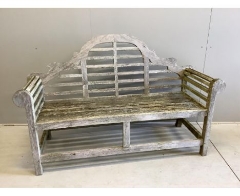 A teak Lutyens style weathered teak garden bench, width 165cm, depth 56cm, height 105cm. Condition - fair